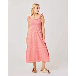 Carve Designs Womens Indie Dress Large Organic Cotton Salmon Pink Striped Summer